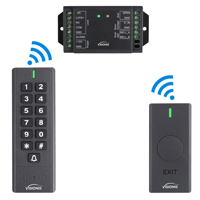 Unir Hacer lazo VIS-3200 - 433MHz + Exterior IP 65 + Negro + Botón de Salida Inalámbrico,  Receptor, Teclado + Control de Acceso 500 Usuarios + Rango 165 Pies +  Retraso y On/Off + Operado por Batería + Standalone No Software - Visionis